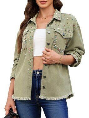 Women's Army Jean Trendy Rhinestones Pearls Embellished Sparkly Frayed Jacket